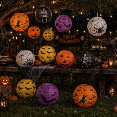 Halloween Paper Lanterns 12 Pack - 8 Inch Hanging Decorations with Pumpkin Bat Witch Skeleton Web Designs