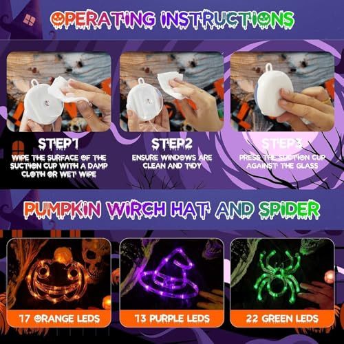 Halloween Window Lights Set - Pumpkin, Witch Hat & Spider Shapes, 3 Pack (Orange Purple Green)