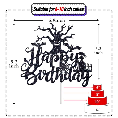 Halloween Happy Birthday Cake Topper - Spooky Zombie & Bat Decor - Black Glitter, 5.9 inches