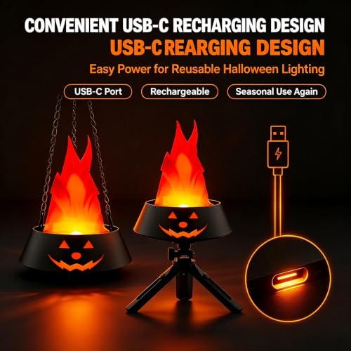 Halloween Flame Lantern Black & Red Pumpkin Hanging Light - Reusable Flame Effect