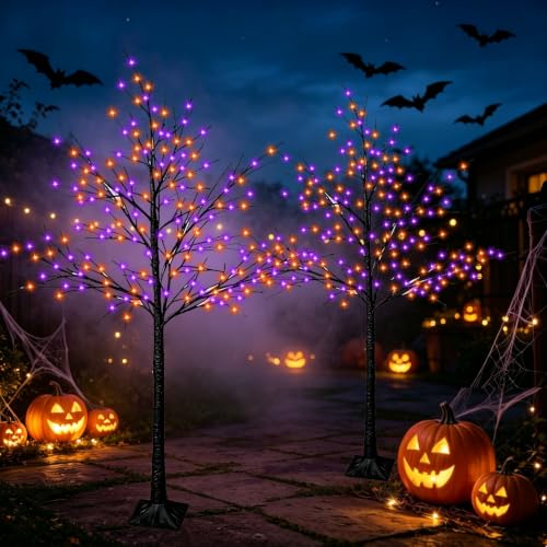 Lighted Halloween Artificial Tree Set - 6FT Black Birch with Orange & Purple LED Lights