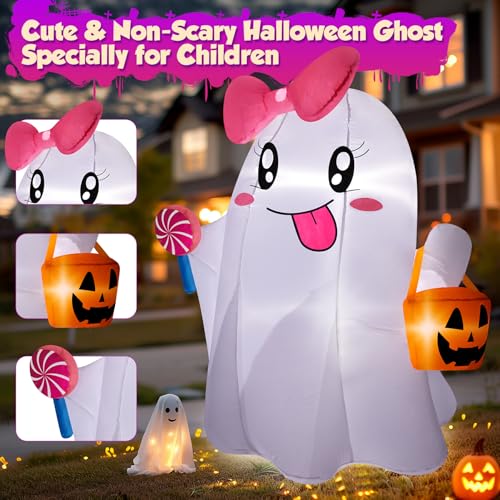 5FT Halloween Ghost Inflatable with Bright LED Lights & Pink Bow - Outdoor Yard Decoration