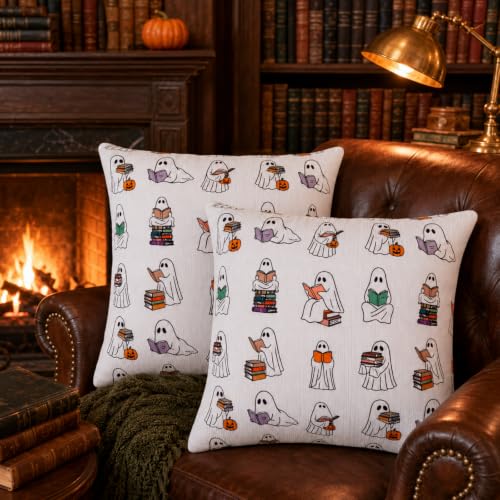 Halloween Ghost Reading Pillow Covers - 2 Pack, 18x18 Inch Bookish Decorative Pillowcases