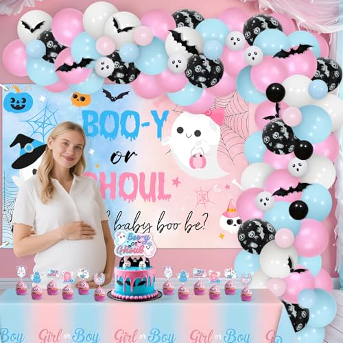 Halloween Gender Reveal Decorations Kit with Backdrop Balloon Garland & Bat Wall Stickers