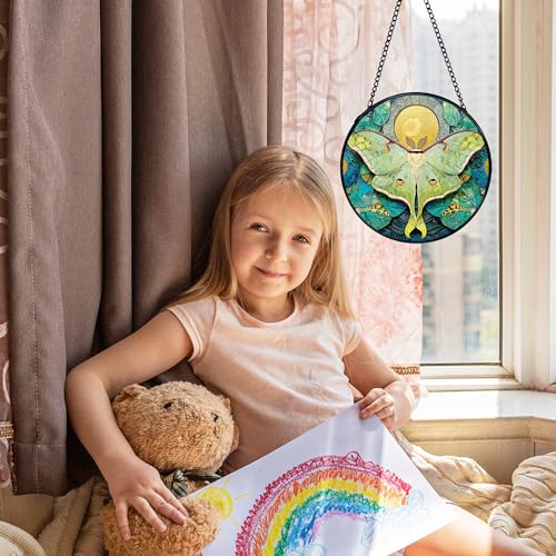 Green Luna Moth Suncatcher Stained Glass Window Hanging - Wall Art Decor, 7.9 Inch
