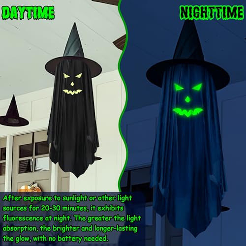 Halloween Hanging Ghost Decorations Outdoor with Glowing Face - Black Ghost, 2 Pack