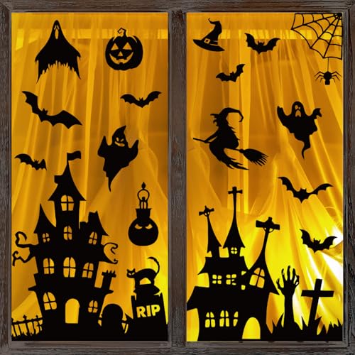 Halloween Silhouette Window Clings - Black Castle, Bat & Graveyard Design - Reusable Spooky Decor - 6 Sheets