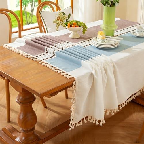 Rectangular Cotton Linen Tablecloth 55x55 Inches Water-Resistant Striped Rustic Dining Cover - Coffee Blue