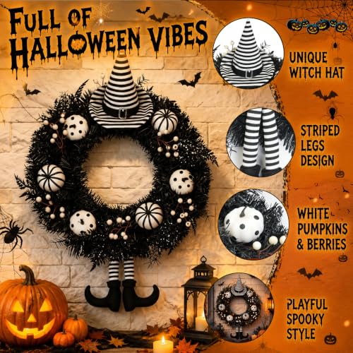Halloween Wreath with Striped Hat and Legs - 22 Inch Gothic Front Door Decor (Variation: Hat Legs / 22")