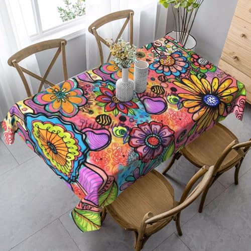 Hippie Flowers Rectangular Tablecloth 60x90 Inch Washable Outdoor Dining Cover - Boho Decor
