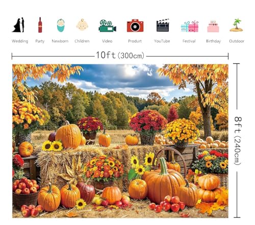 10x8FT Fall Pumpkin Backdrop Autumn Harvest Hay Bale Maple Leaves Photography Background