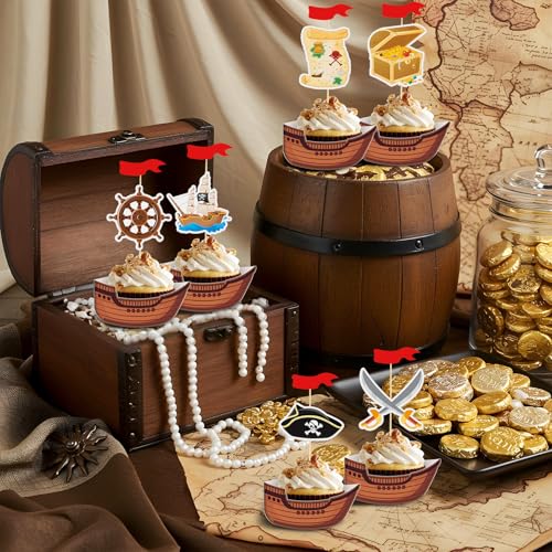 Pirate Cupcake Toppers Set - 108 pcs Nautical Cake Decorations for Kids Birthday & Halloween