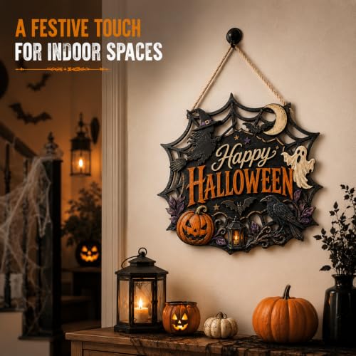 Halloween Wooden Door Sign - Haunted Ghost Witch Pumpkin Hanging Decor for Front Door