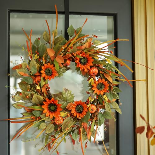 22-Inch Fall Pumpkin Wreath with Sunflowers and Berries for Front Door Decor