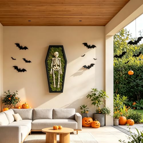 Halloween Skeleton Wall Art with Glowing Eyes - Black/White Full Body Skeleton Decor