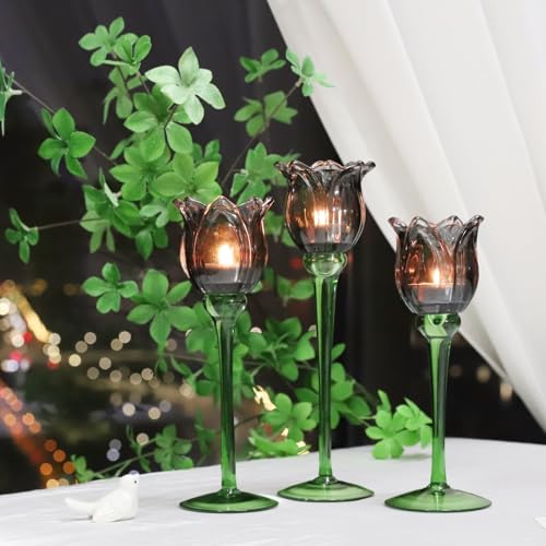 VOHO Black Flower Tealight Candle Holder Set of 3 - Halloween Theme, Votive & Tea Light Sizes, Black Tulip Design (Variation: Black / 3)