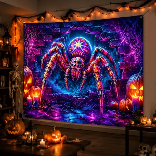 Neon Spider Halloween Banner - 71x91 Inches Polyester, Party Decor, Spooky Yard Display
