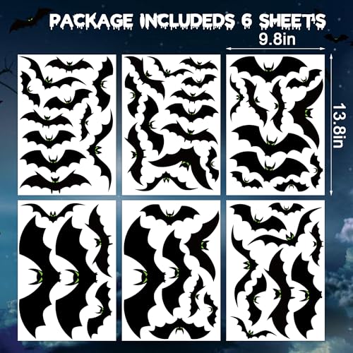 Halloween Window Clings Set - Large Scary Bat Silhouettes with Glow Eyes, Double Sided, 6 Sheets