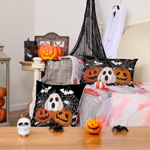 Halloween Pillow Cover 20x20 inch Jack-o'-Lantern Bat Web Farmhouse Decor - Black