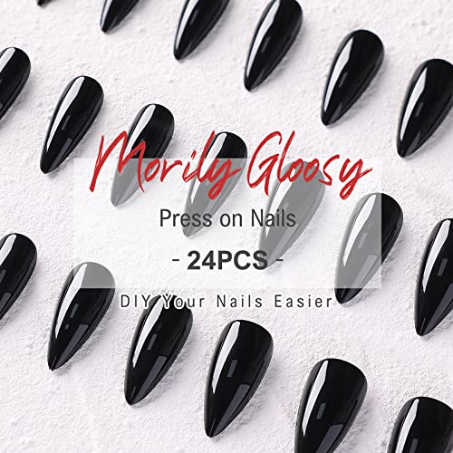 Morily 24Pcs Black Stiletto Press-On Nails Medium Length Almond False Nails for Women