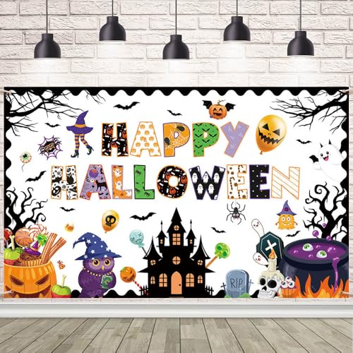Halloween Classroom Banner Backdrop 70.8x43.3 Inches Ghost Spider Bat Pumpkin Decor - 5.9x3.6ft Variation
