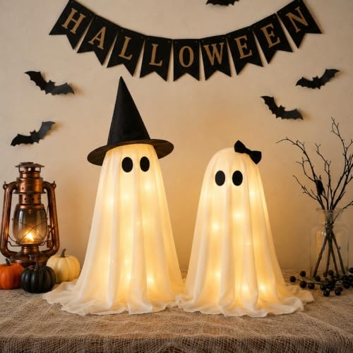 LED Halloween Ghost Decorations 2-Pack Indoor Light Up Ghosts with Soft Polyester