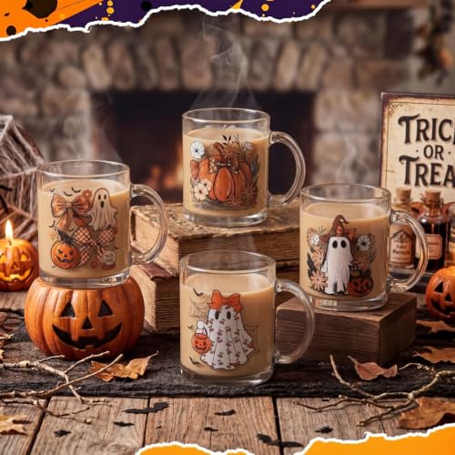 Halloween Ghost & Pumpkin Coffee Mug Set - 4 Pieces, 12 oz, Glass Cups, Fall Decor
