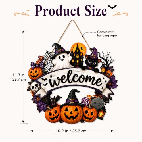 Wooden Halloween Wreath for Front Door Decor - Pumpkin Black Cat Ghost Design