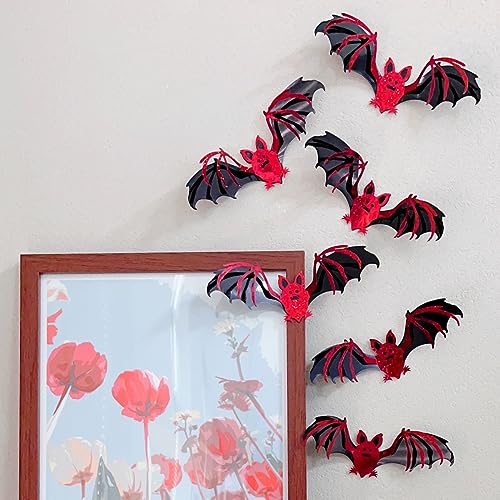 Halloween Bats Wall Stickers - Red & Black 3D Double Layer Decor - Variation: Red Bats - 12 Pcs