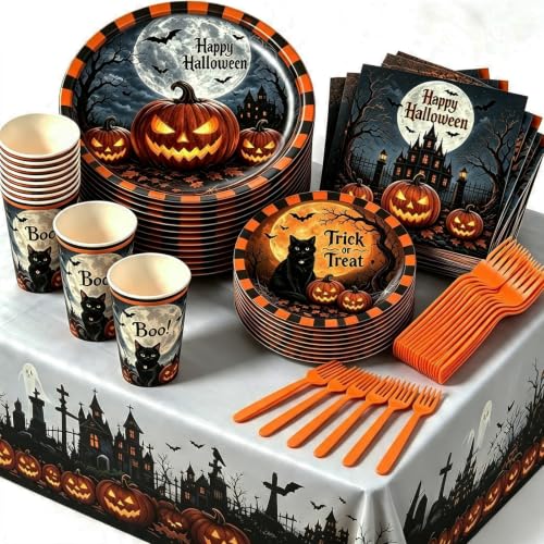 Halloween Party Supplies Set for 24 Guests - Plates, Napkins, Cups, Forks & Tablecloth - Halloween