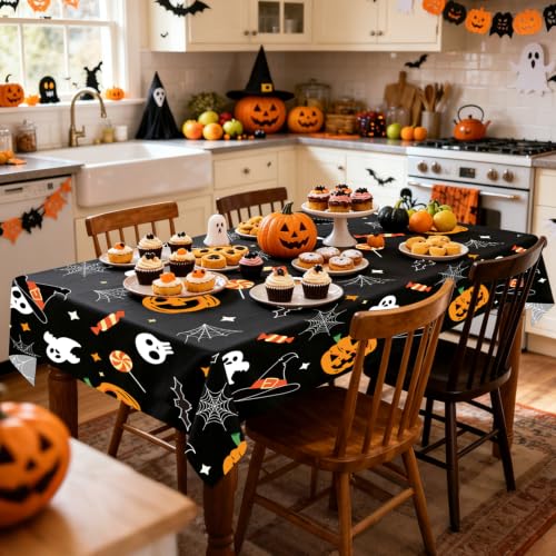 Halloween Pumpkin Ghost Plastic Tablecloth Set - Rectangle, 54x108 Inches, 8 Pack