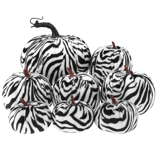 Gresorth 8 Pcs Artificial Zebra Velvet Pumpkins Fall Pumpkin Decor - Variation E