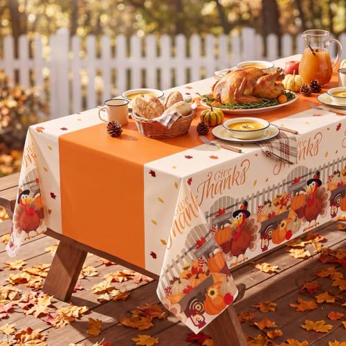 Thanksgiving Plastic Table Cover Roll - 54x300 Feet with Slide Cutter, Pumpkin & Turkey Design, Disposable Harvest Party Tablecloth
