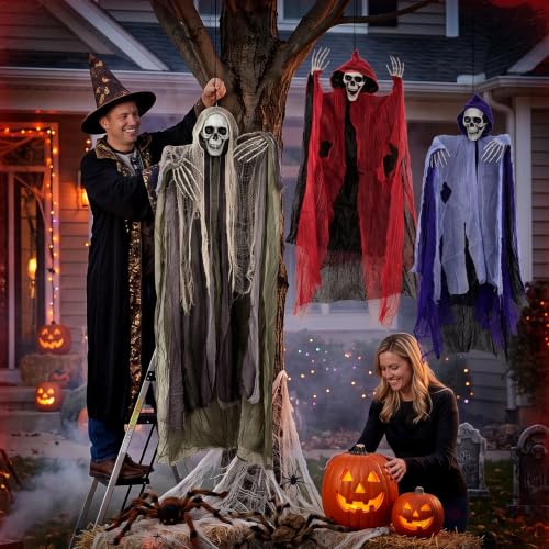 Halloween Hanging Skeleton Ghost Decorations Set for Outdoor Yard Scene - 3 Pieces