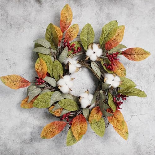 Artificial Fall Leaves Wreath with Cotton Pods and Berries - 12-Inch Autumn Decor, Variation of Cotton Pod Pip Berries/Fall Leaves/12"