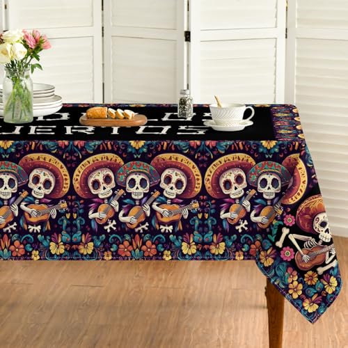 Black 60 x 104 Inch Dia De Los Muertos Tablecloth - Day of The Dead Skull Decor