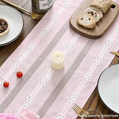 Pink Farmhouse Embroidered Table Runner 13x72 Inch - Seasonal Kitchen Decor