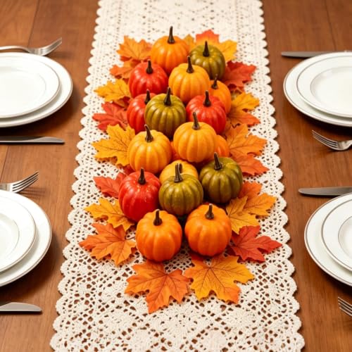 Mini Artificial Pumpkins with Realistic Leaves - Fall Decor Set, Yellow & Green