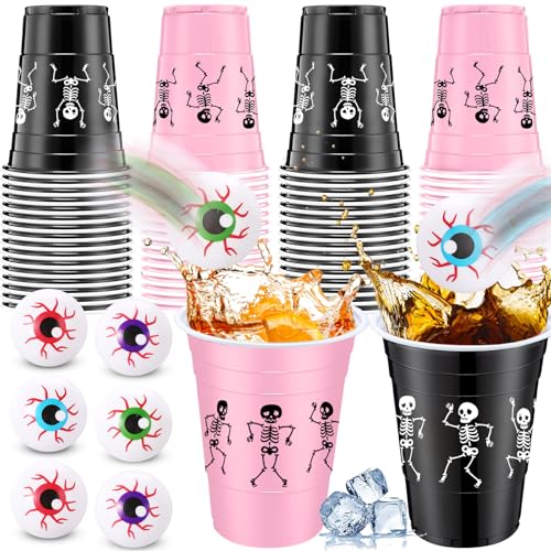 Halloween Party Supplies Skeleton Pink Black 22 Cups & 8 Fake Eyeballs