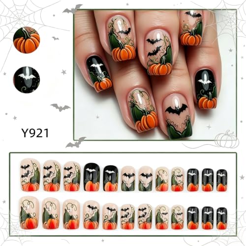 Halloween Press On Nails Short Square Pumpkin Fake Nails - Variation 014