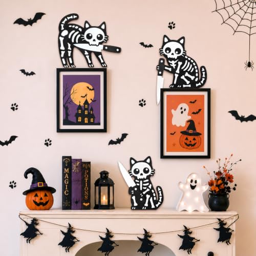 Halloween Black Cat Wall Decor 3 Pcs Wooden Door Toppers - White Variation