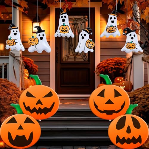 Halloween Inflatable Balloons Set - 10 Pieces with Pumpkin & Ghost Designs - Orange & White, 9 & 16 Inch