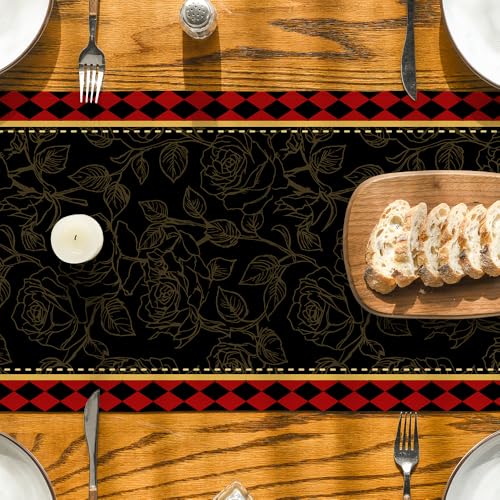Horse Roses Diamond Pattern Table Runner 13x72 Inch for Dining & Holiday Decor