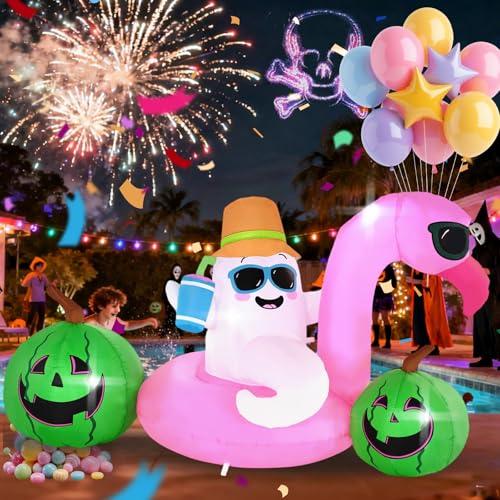 Inflatable Ghost Flamingo Halloween & Summer Outdoor Decoration with LED Lights