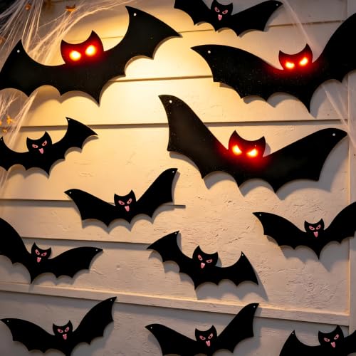 Lighted Halloween Hanging Bats - 9 Black Flying Bats + 3 LED Lighted Bats Outdoor Indoor Decor