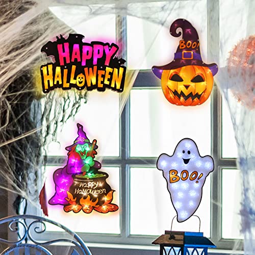 Halloween Window Silhouette Lights - 4 Pack Ghost, Witch, Jack-O-Lantern, Happy Halloween - Indoor/Outdoor Decor