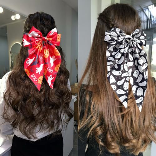 Halloween Hair Clips for Women 2-Pack Ghost Pumpkin Bows Cosplay Accessory