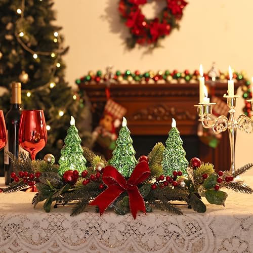 Green Christmas Table Centerpiece with LED Lights, Holiday Tree Decor