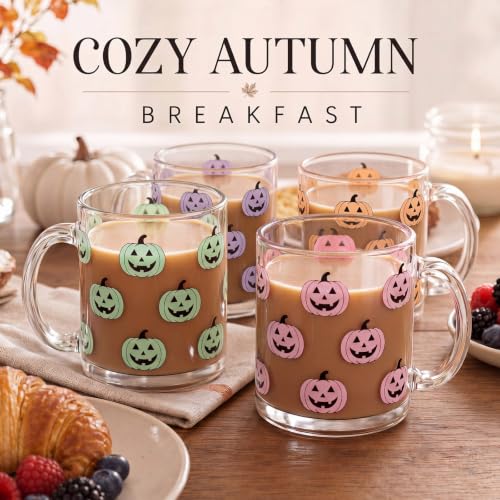 Pastel Halloween Pumpkin Glass Coffee Mugs Set of 4 - 12oz Fall Drinkware