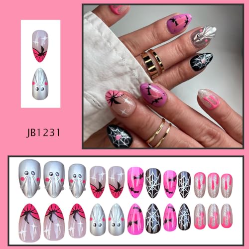 Halloween Press-On Nails Short Almond Fake Nails with Ghost Pumpkin Glitter Bat Spider Web Designs - 24Pcs